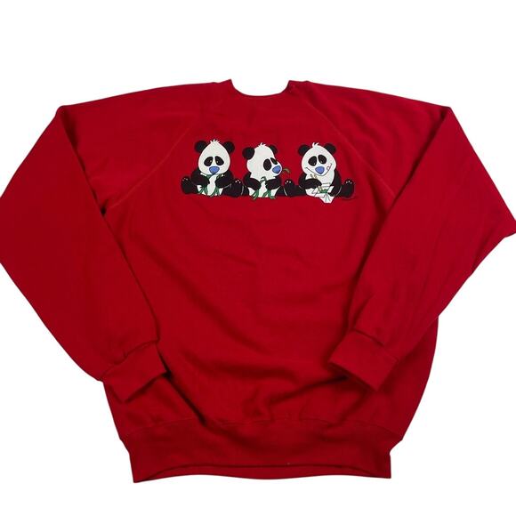 Panda Eating Cartoon Drawing China Vintage 80s Red Crewneck Size XL Jim Benton - Picture 1 of 7